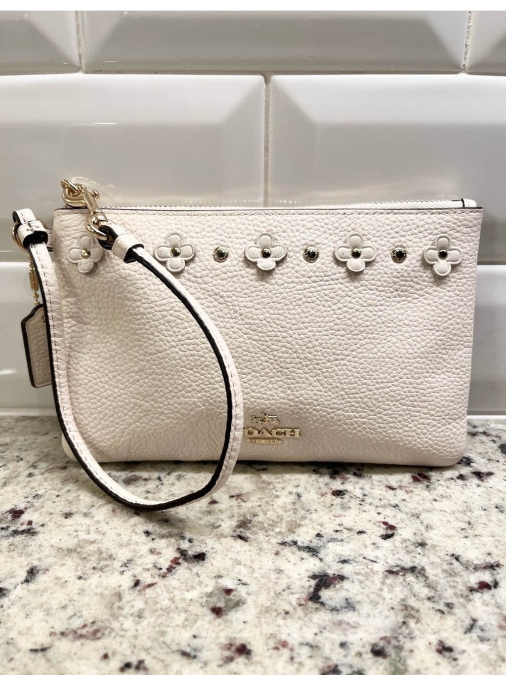 Coach Floral Rivets Pebbled Leather Pink Wristlet EUC